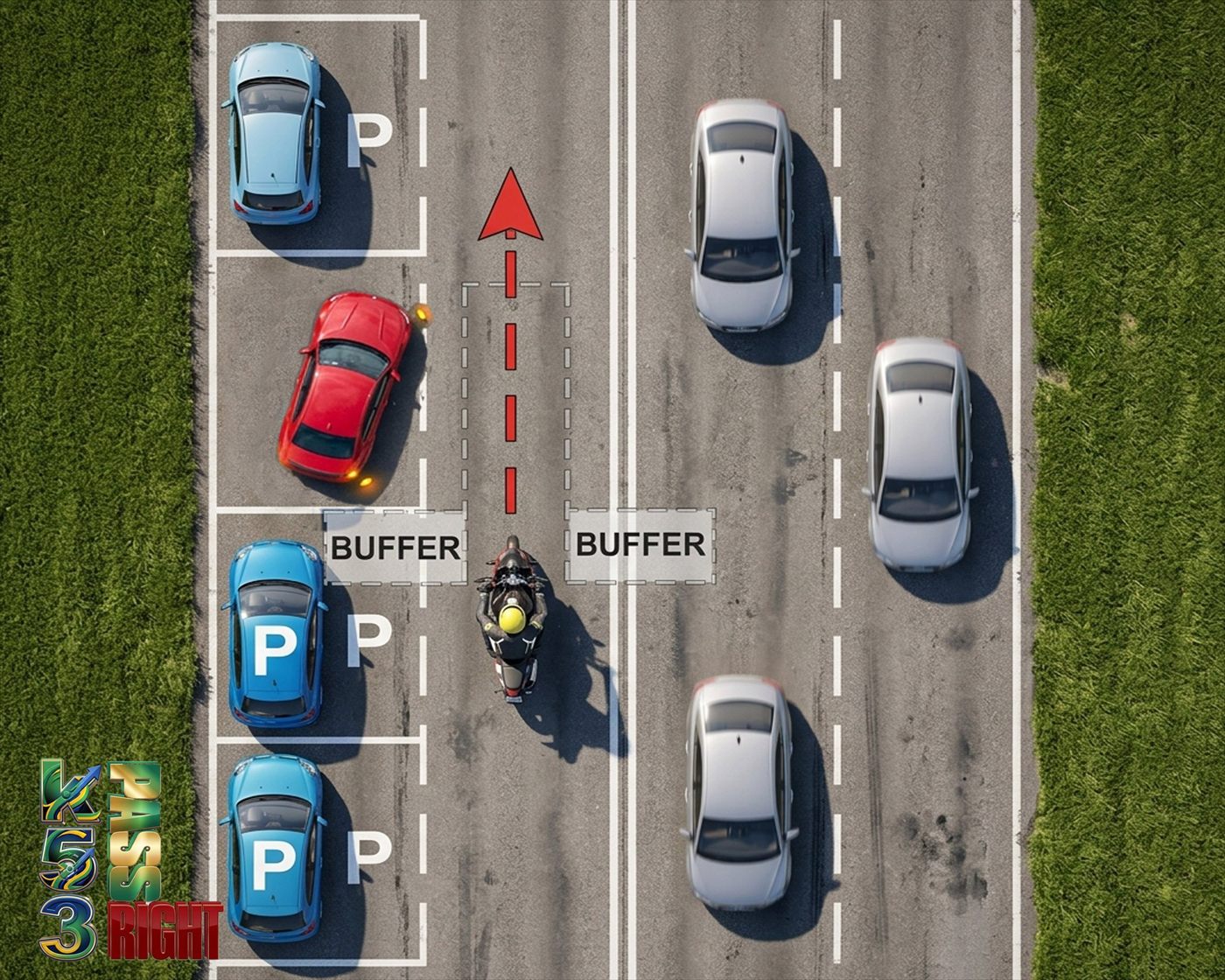Motorcyclist buffering parked and oncoming vehicles